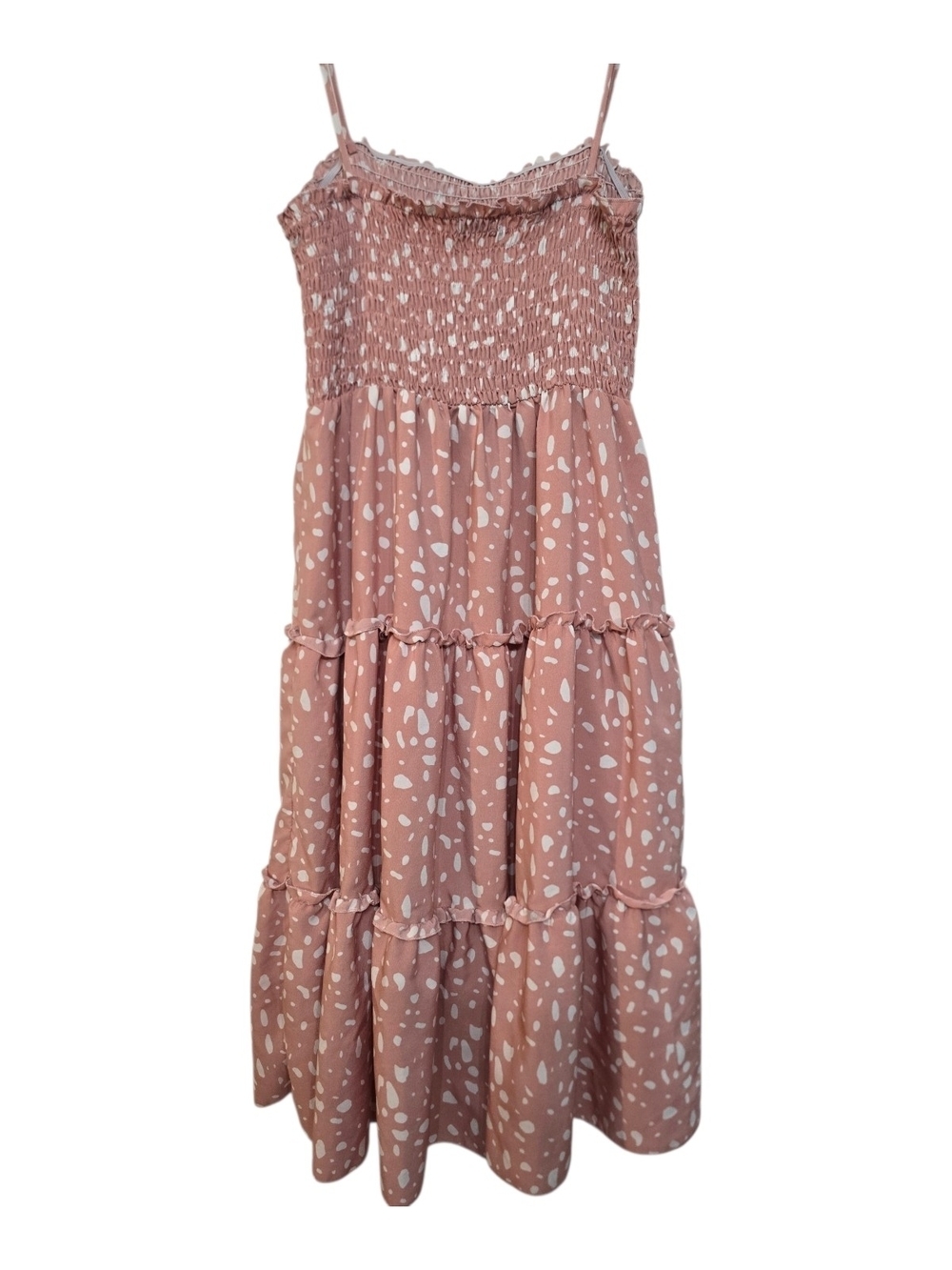 Smocked Spaghetti Strap Pink Polka Dot Midi Dress Size Large - Picture 2 of 9